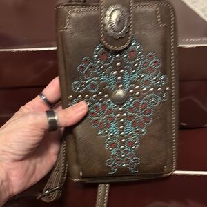 Brown Leather Phone Wallet with Embroidered Design
